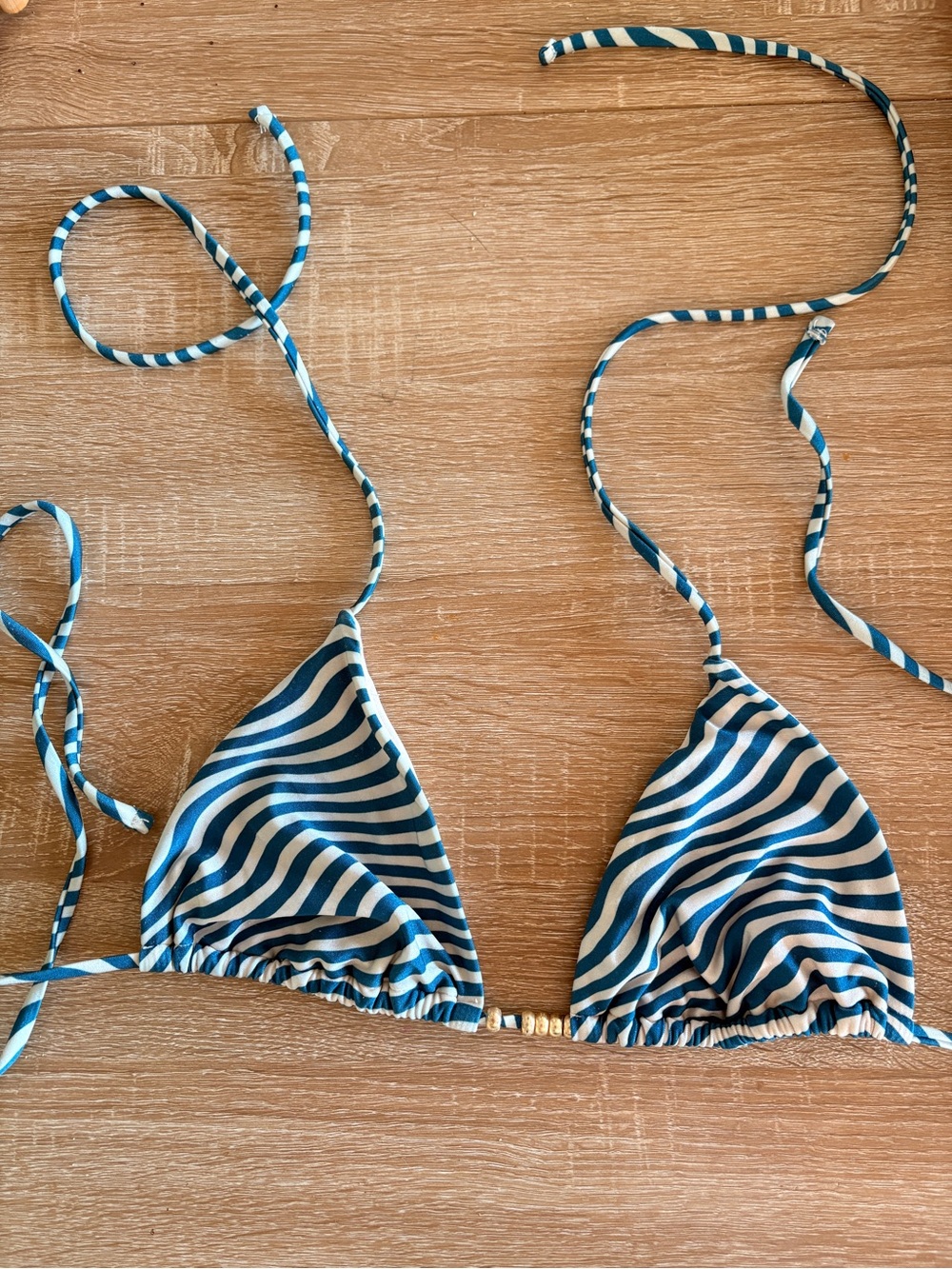 Shade & Shore Deep Aqua and White Wavey Striped Triangle Bikini Top